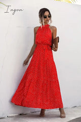 Ingvn - Summer Elegant beach Women Dress long Print Flowers Polka-dot strap Ladies Halter boho Dress Vintage party ladies Dress