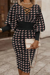 Ingvn - Vintage Elegant Geometric Print Contrast V Neck Wrapped Skirt Dresses