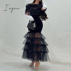 Ingvn - Women Sexy Solid Mesh Rhinestone Sexy Maxi Bodycon Formal Party Black Dresses