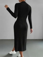 Chic Ribbed Black Midi Dress - Comfortable Mock Neck & Long Sleeves - Perfect for Any Occasion