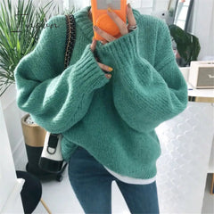 Ingvn - Sweater Women Autumn Winter Solid O Neck Pullover Sweaters Korean Style Knitted Long Sleeve Jumpers Casual Tops