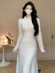 Elegant White Knitted Dresses for Women Autumn Winter Korean Fashion Slim A-line Long Sleeves Sweater Casual Female Clothes