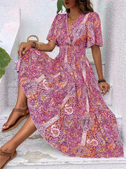Plus Size Ethnic Floral Print Shirred Waist Dress, Casual Short Sleeve Dress For Spring & Summer, Women's Plus Size Clothing