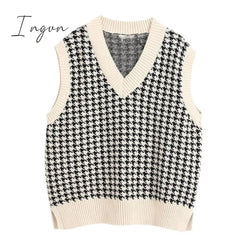 Ingvn - Fashion Women Knitted Vest Pullovers V Neck Sleeveless Houndstooth Knitted Jumper Pullovers Korean Loose Plaid Sweater Vest