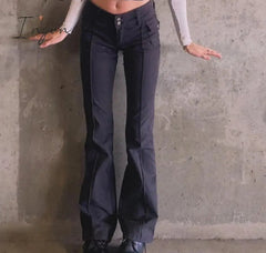 Ingvn - Indie Aesthetics Slim Low Waist Flare Pants E-girl Vintage Pockets Solid Y2K Pants Autumn 90s Fashion Black Trousers