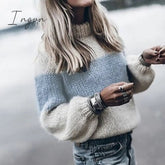 Ingvn - Women Loose Knitted Sweater Autumn Winter O Neck Striped Fuzzy Fluffy Sweater Pullovers Vintage Long Sleeve Patchwork Sweater