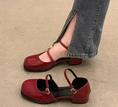 New Mary Jane Shoes Buckle Pumps Women Thick Heels Elegant Shallow Square Toe Footwear Party Office Lady Leather Shoes