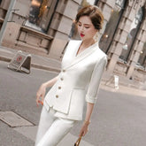 Ingvn - High Quality Casual Women's Suit Pants Two Piece Set New Summer Elegant Ladies White Blazer Jacket Business Attire