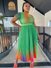 Ingvn - Long Pleated Dress Sets Women 2 Piece Outfits Summer Short Sleeve Gardient Print Swing Skirt Set Elegant Casual 2023 New In