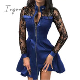 Ingvn - Women Plus Size 5XL Summer Lace Sleeve PU Faux Leather Mini Dress V-Neck Zipper Party Dress Sexy Bodydon Dress