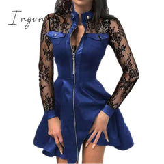Ingvn - Women Plus Size 5XL Summer Lace Sleeve PU Faux Leather Mini Dress V-Neck Zipper Party Dress Sexy Bodydon Dress