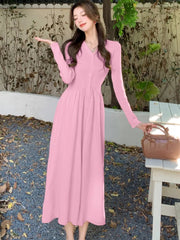 Autumn Vintage Knitted Dress for Women Elegant Single Breasted V-Neck Long Sleeves A-Line Party Dresses Slim Waist Vestidos New