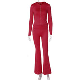 Hooded Top And Trousers Two Piece Sets Women Fashion Zipper Long Sleeve Tops And Flare Pant Female Casual Suit New