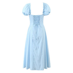 New Women Sexy Off Shoulder Elegant Party Dresses Short Sleeve Lace Up Back A-line Midi Summer Dress Blue White Robe