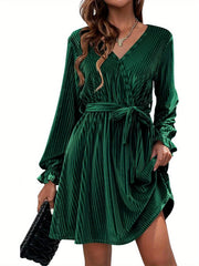 Womens Wedding Guest Dresses V Neck Wrap Dress with Belt Ruffle Lantern Sleeve Velvet Wrap Dresses