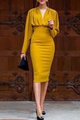 Ingvn - Elegant Solid Fold V Neck One Step Skirt Dresses