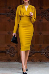 Ingvn - Elegant Solid Fold V Neck One Step Skirt Dresses