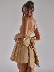 Mesh Strapless Sparkle Sexy Mini Dress For Women Fashion Backless Bow Pleated Dresses Ladies Club Party Dress Elegant