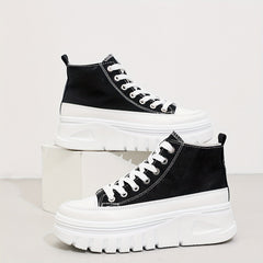 High-top Heightening Women's Canvas Solid Color Casual Sneakers, Lace Up Platform Soft Sole Walking Skate Shoes