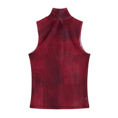Tie Dye Mesh High Neck Hand Painted Printed Women Top Summer Fashion Sleeveless Slim T Shirt Lady Holiday Beach Style Tops