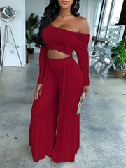 Long Sleeve Two-piece Set, Casual Solid Crop Top & Wide Leg Pants Outfits, Women's Clothing