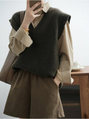 Solid V Neck Knitted Vest, Casual Sleeveless Loose Sweater Vest, Women's Clothing
