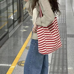 Ingvn Korean Striped Double-sided Canvas Bag Summer New Niche Design Large Capacity Student Tote Bags