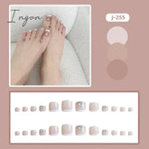 Summer Classic White French False Foot Nails Flash Toenail Press On Short Square Fake Toe Nails Silver Diamond Glitter Nail Tips