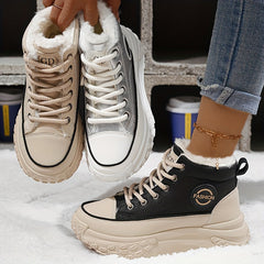 Cozy & Stylish Women's High-Top Sneakers - Plush Lined, Thick Sole, Warm Winter Booties with Lace-Up Closure