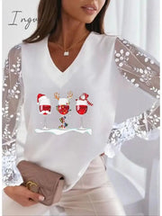 Ingvn - Women's T shirt Tee Maroon Silver Peach Graphic Reindeer Patchwork Lace Trims Long Sleeve Christmas Casual Christmas V Neck Regular S