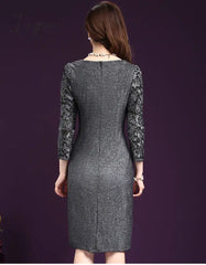 Ingvn - Women Sexy Dress autumn Elegant Women Winter 3/4 Sleeve Knee Length Vintage Ol Work Wear Bodycon Lace Crochet Dresses 4XL