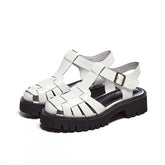 Meotina Platform Wedges Sandals Real Leather Mid Heel Shoes T-Strap Round Toe Female Footwear Buckle Sandals Summer Black New