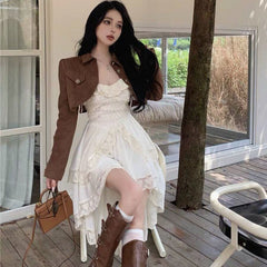 Pphmm 2000s fashion Pure Desire Temperament Sling Dress Women's Early Autumn Popular Suit Retro Motorcycle Short Coat Two-Piece Set