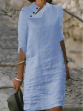 Ingvn - Women's Cotton Linen Dress Casual Dress Shift Dress Midi Dress Cotton Blend Fashion Basic Outdoor Daily Vacation Stand Collar Button Half Sleeve Summer Spring 2023 Black White Blue Plain S M L