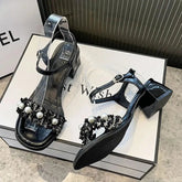 Sandals for Woman Thick Heel Block Women's Shoes Leather Summer One Word Open Toe Footwear Chunky Vip Sandal The Best