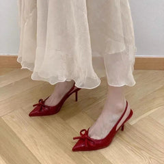 Women Summer Red Leather Pointy Bow Sandals Design Buckle Strap Sandals Women Sexy Open Toe Thin Heels Party Pumps Zapatos Mujer