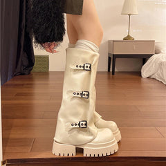 Ingvn Vintage Belt Buckle Women Western Cowgirl Boots Fashion Platform Thick Heel Shoes Ladies Concise Long Botas De Mujer