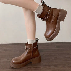 Ingvn Thick Heel Women Ankle Boots Fashion Elegant Belt Buckle Shoes Spring Autumn Vintage Women's Morder Short Booties
