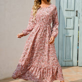 Vibrant Floral Print Long Sleeve Crew Neck Ruffle Dress - Flowy, Bohemian Chic, Casual, Comfortable, Women's Long Dresses for Daily Wear - Perfect for Spring, Summer, and Autumn Seasons
