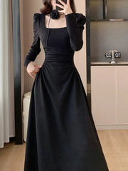 Elegant Chic Women Fashion Black Dress Vintage Casual A-Line Solid Party Birthday Prom Dresses Female Spring Clothes Robe Mujers