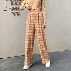 Ingvn - Simple Vintage Plaid Causal Long Women Pants Street Fashion Straight Wide Leg Pant
