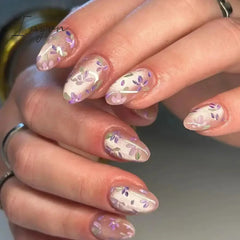 24pcs Short Glitter Purple False Nails Almond Stiletto French Wearable Fake Nails Art Artificial Full Cover Press on Nail Tips