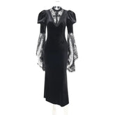 Dark Gothic Vintage Velvet Dress Women Aesthetic Fairycore Grunge Elegant Lace Patchwork Flare Sleeve Party Dress Female