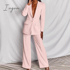 Ingvn - Women's Coats Blue Long Sleeves Workwear Outfits Female Solid Office Formal Chic Pockets Summer pants Sets Conjunto Femenino