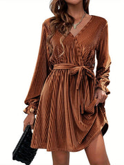 Womens Wedding Guest Dresses V Neck Wrap Dress with Belt Ruffle Lantern Sleeve Velvet Wrap Dresses