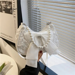 Ingvn - Pearl Female Bag Retro Luxury Designer Handbag Bow Crossbody Bags Fashion Canvas Women's 2024 Trend Shoulder bag Purses