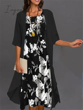 Ingvn - Women's Two Piece Dress Set Casual Dress Print Dress Outdoor Daily Fashion Elegant Print Midi Dress Crew Neck 3/4 Length Sleeve Floral Loose Fit Black White Pink Summer Spring S M L XL XXL