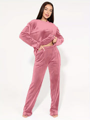 Plus Size 2 Piece Set Women's Elegant Lounge Set, Solid Warm Velvet Long Sleeve Top & Pants for Fall & Winter Home Wear