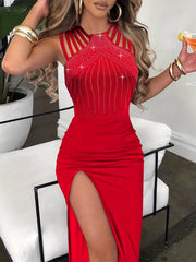 Solid Rhinestone Dress, Elegant Split Thigh Sleeveless Maxi Party Dress, Women's Clothing Wedding/Occasion/Engagement/Ceremony/Evening dress