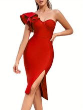 Women's One Shoulder Wedding Guest Dress Side Split Bandage Bodycon Midi Cocktail Club Dresses